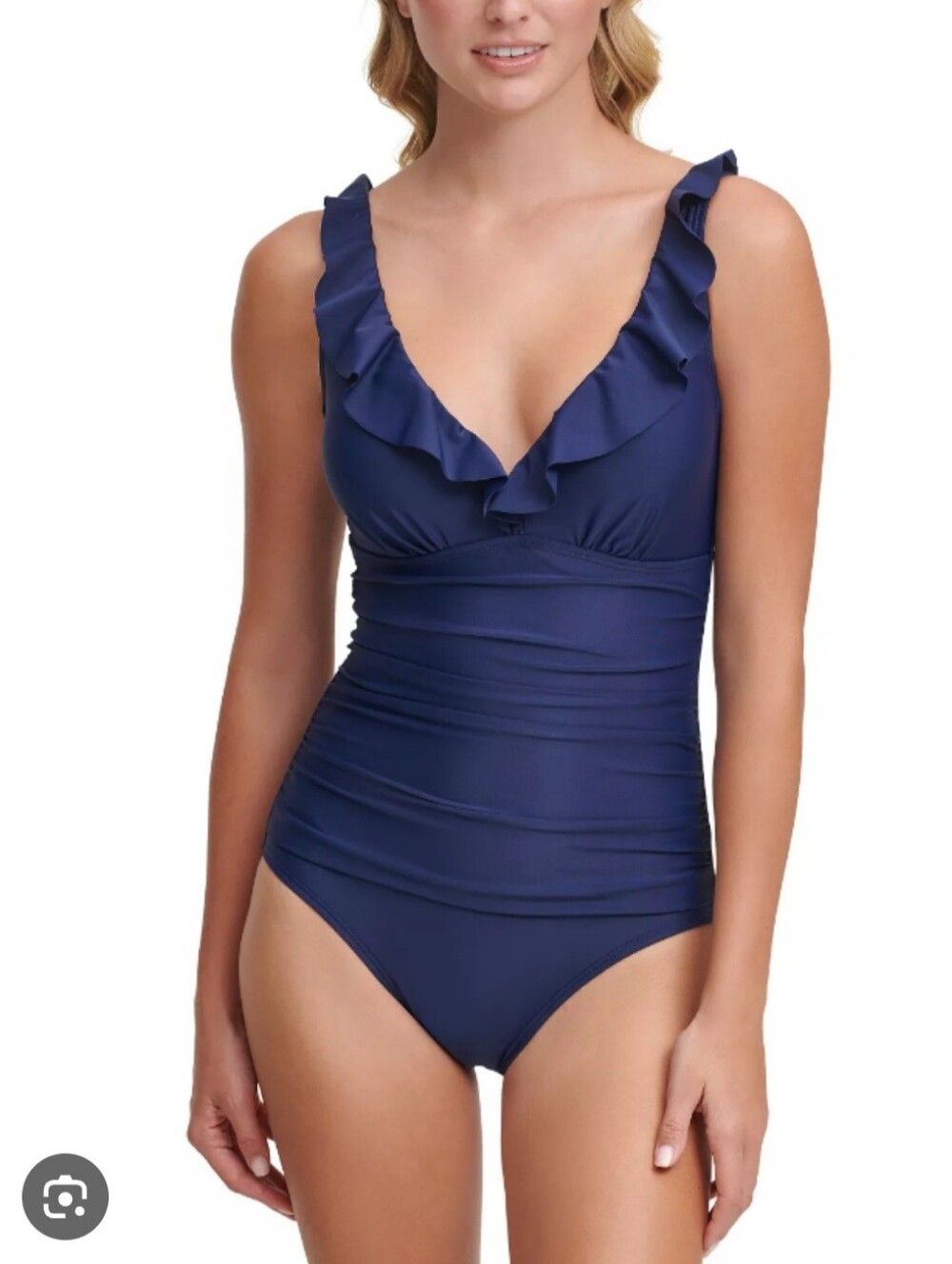 DKNY Ruffle V-Neck One-Piece Swimsuit - Royal Blue